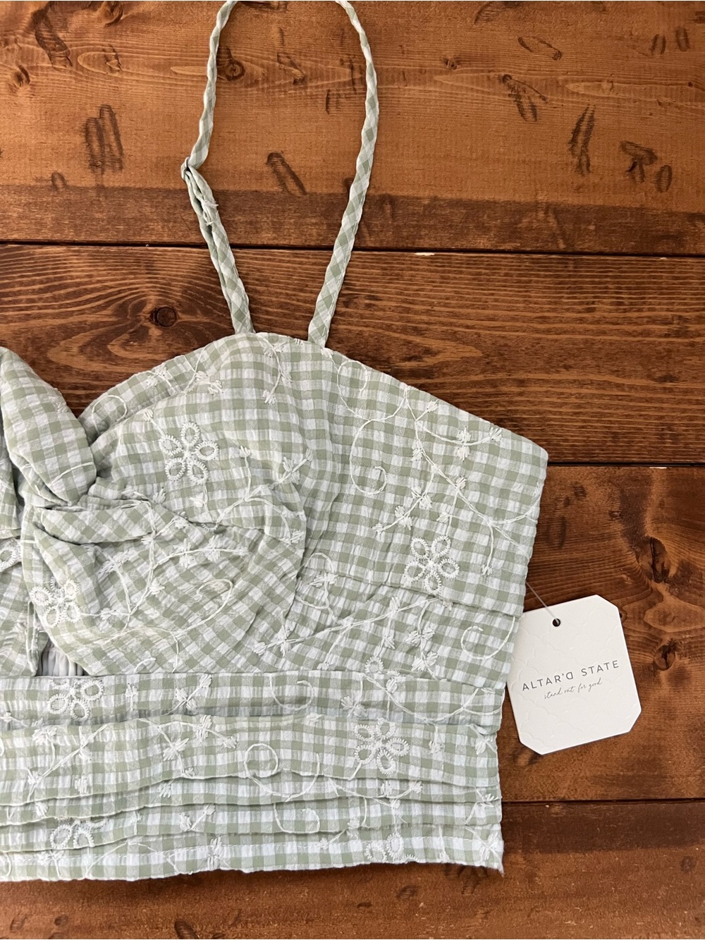 Altar’d State Gingham Crop Top Women’s Medium Sage Green Cottagecore NWT